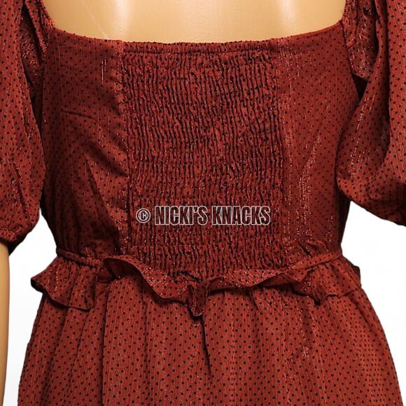 By The River Rust Polka Dot Mini Dress Puff Sleeve Ruffle Fit Flare Fall Size S - Picture 7 of 13